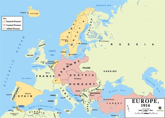 Die Ausgangslage 1914: Ententemächte (grün), Mittelmächte (rot) und neutrale Staaten (gelb)